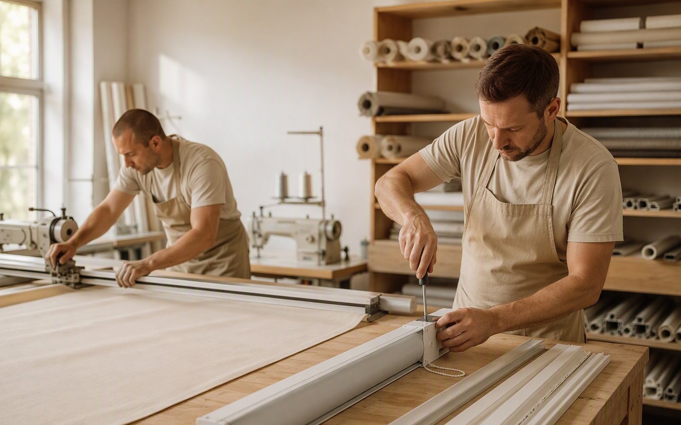 Montage eines Rollos im Atelier — Mitarbeiter bauen Kassette und Profil